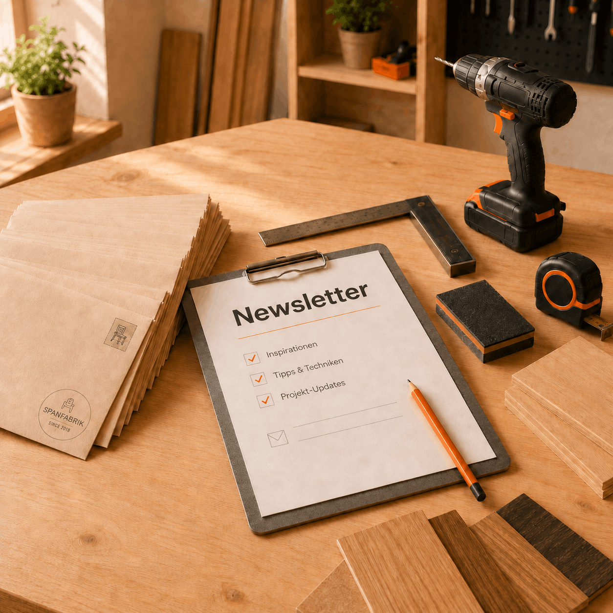 Spanfabrik Newsletter auf einem Klemmbrett in heller Holzwerkstatt